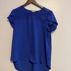 Women's Blue Lace Short Sleeve Casual Top Size M Casual Blouse Spring Boho